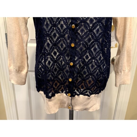 Camellia Tan & Navy Blue Button-Up Cardigan W/ Floral Lace, Size Medium, NWT! - Picture 3 of 9